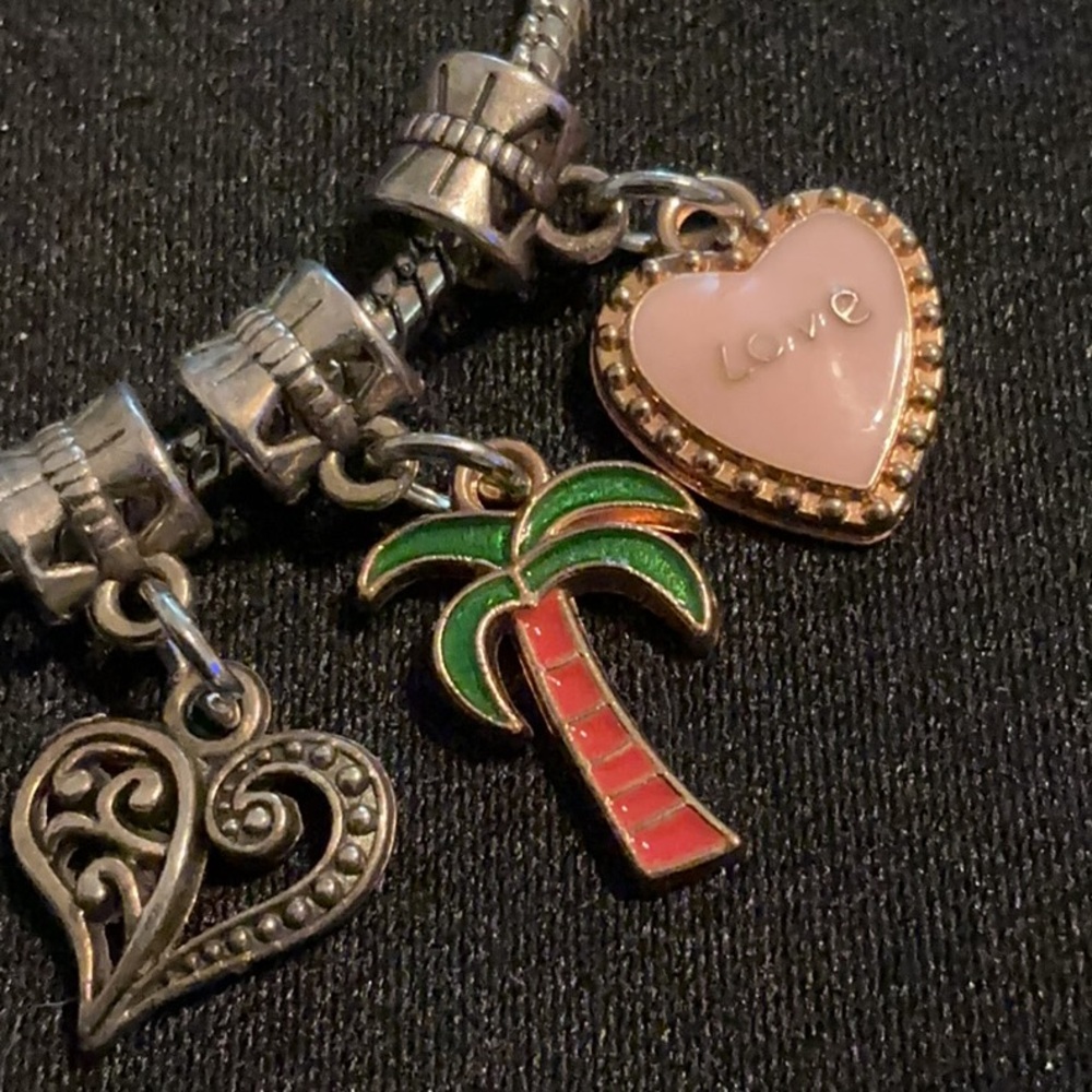 Silver-Tone Charm Bracelet with Pink Heart, Palm Tree and more. 8 Charms - Picture 3 of 4